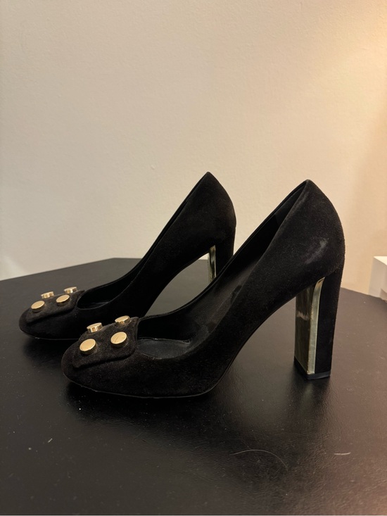 Gucci Shoes - Gucci Vintage Black Suede Block Heels with Gold Button Detail